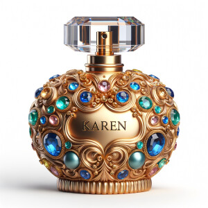 Create a 3-D realistic gold and  blue, colorful jewels perfume bottle
In the shape of a women’s body with the name Karen