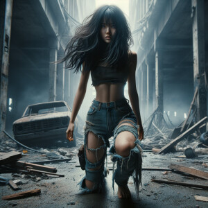 Skinny and thin Asian teen girl wearing skin tight jeans that are worn and frayed, long hair and bangs heroic ready to fight stance