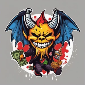 Design a cartoon-style circular logo featuring a cheeky demon we...