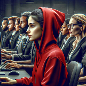 Backside profile of a young woman wearing red hodie, surrounded by peoples with black suits who work in front of computer screens