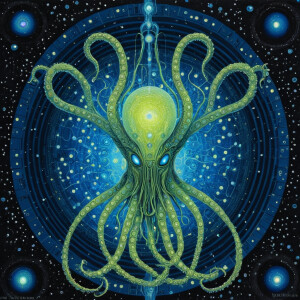 A luminously glowing tentacled alien deity, its intricate tendri...