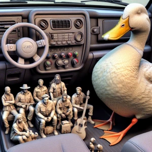 Create a 3d bas relief of a duck sitting inside of a Jeep, facing towards the viewer, little people going to cross the dash