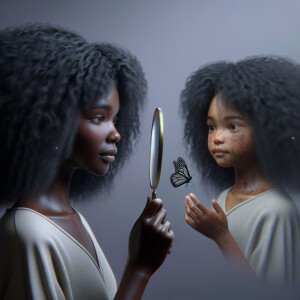 Create a 3-D realistic beautiful African-American  women with thick curly black hair
Looking at herself in the mirror, but the reflection she sees is a child, and she is no longer beautiful. She is ugly with scars. There is a fallen butterfly.