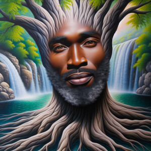 A hyper-realistic 3-D oil painting depicting a tree integrated w...