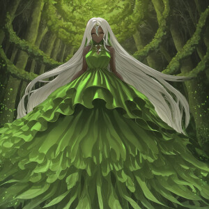 A beautiful eve queen with long flowing white hair with brown sk...