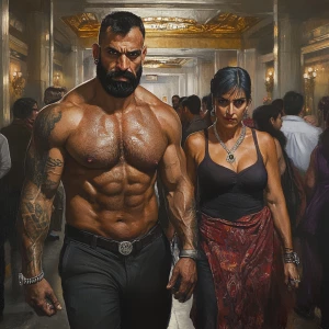 realism art.A sweaty beefy muscular man  walking with his 54 yea...