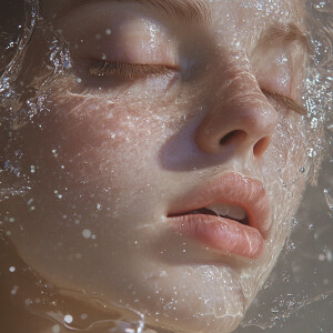 Hyper ultra-realistic close-up of a face with pale skin, delicat...