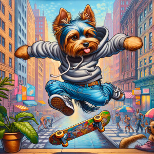 A Yorkie wearing Jeanshose and Hoody, colorful, anthropomorphic,...