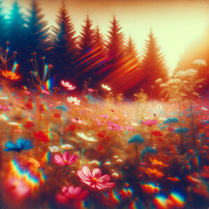 Wildflowers, holographic, analog style photo, film grain, light...