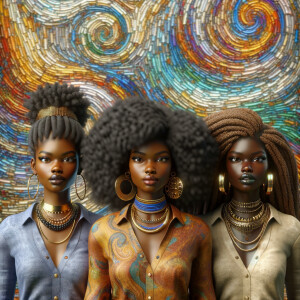 An image of three charming attractive curvy African American brown skin tone women, each one has different hairstyles fashion models together multiple necklaces rings, 4K HDR action painting colorful background