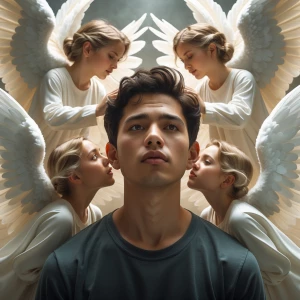 A depiction of ethereal angels surrounding a person, whispering...