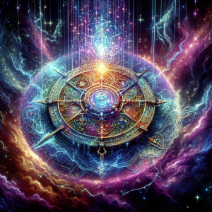 A shimmering holographic device, crackling with ethereal energy,...