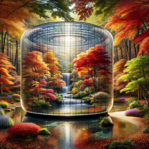 Create a detailed and realistic image of a scenic waterfall surr...