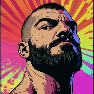 White muscular thin man with beard, big chin, smile and cheekbon...