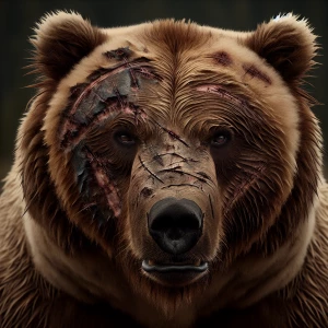 Angry grizzly bear with scars