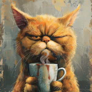 A cartoon of a grumpy cat holding a coffee cup