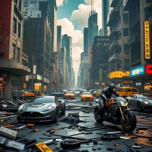 Visualize a bustling, dystopian cityscape set in the future, fea...