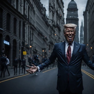 Donald Trump with a grin with arms outstretched standing in fron...