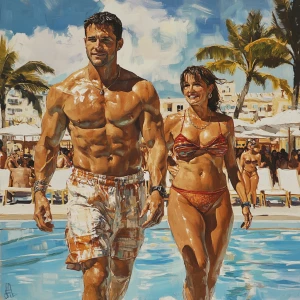 Realism,sharp art.a muscular sweaty  man walking with a 55 year...