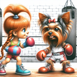 cute Yorkie puppy and a cute little girl with a long messy ginge...