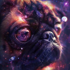 Eye level headshot of an adorable anime pug's face, vibrantly ex...