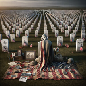 A lone figure kneels beside a weathered headstone. Their face is...