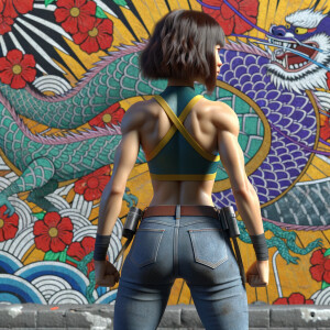 Athletic Thin skinny Attractive, Asian teenage girl, long brown hair and bangs, wearing tight skinny jeans and a halter top paint marks on her clothing, heroic pose Asian graffiti background, backside view