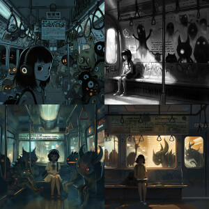 "In a night-time subway carriage, lit only by flickering light,...