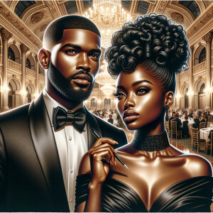 Depict an African American duo at a lavish gala. The gentleman s...