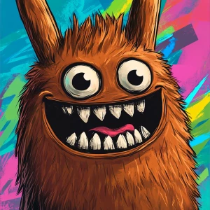 Stylized character portrait of a mischievous designer toy creat...
