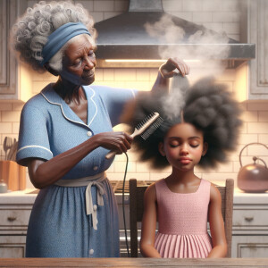 Create a realistic 3-D image of an african-American grandmother wearing a blue house dress. She is in the kitchen with her african-American granddaughter. Her granddaughter is wearing a pink dress The grandmother has a hot comb in her hand and she is straightening her granddaughters hair. One side of her granddaughters hair is in  a Afro the other straight 
There is smoke coming from the hot comb