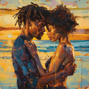 Illustrate an abstract art piece featuring a young black couple,...