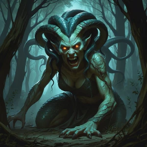 A grotesquely twisted Gorgon, half woman and half serpent, looms...