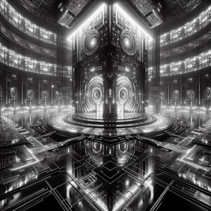 In a shadowy virtual realm, a foreboding digital teleportation h...