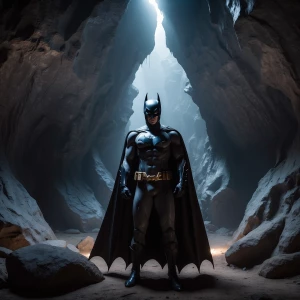 Ghibli style portrait of bat-man standing in a mystical cave