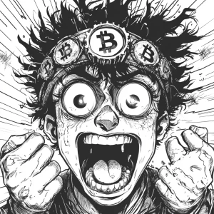 a wide-eyed, manic man with wild hair and huge pupils, open-mout...