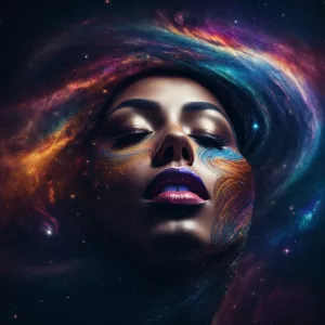 "Create a surreal and cosmic art piece depicting a human face mo...