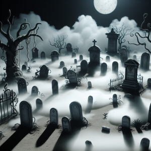 A misty graveyard.