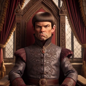 Create a digital portrait of Lord Farquaad, the antagonist from the Shrek film series, capturing his distinctive medieval attire, pompous expression, and short stature while sitting on his extravagant throne in Duloc Castle.