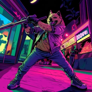 MEME DOGE in GTA art style - mid-swing with a large metal bat, c...