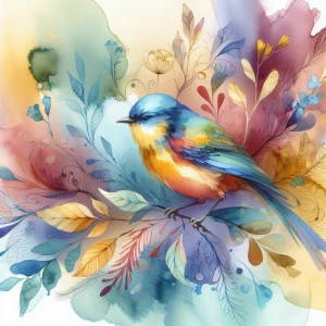 A small bird perched on a branch, with gentle washes of blue and yellow blending into a soft, pale background