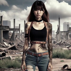 Thin Asian teen girl wearing tight jeans and a halter top Long brown hair and bangs, tattoos on her arms, athletic heroic pose