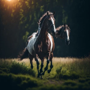A horse gallops through an open meadow