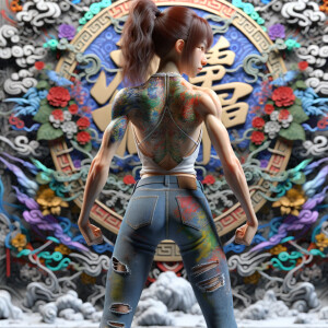 Athletic Thin skinny Attractive, Asian teenage girl, long brown hair and bangs, wearing tight skinny jeans and a halter top paint marks on her clothing, heroic pose Asian graffiti background, backside view