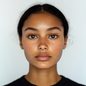 Portrait of a young woman, age 21, with a blend of Mexican and A...