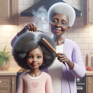 Create a realistic 3-D image of an african-American grandmother in the kitchen with her african-American granddaughter. The grandmother has a hot comb in her hair and she is straightening her granddaughters hair. One side of her granddaughters hair is in  a Afro the other is bone straight 
There is smoke coming from the hot comb