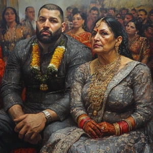 Realism sharp detailed painting,a muscular beefy sweaty man sitt...