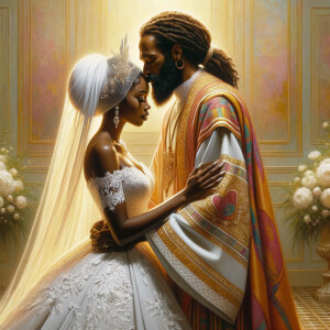 Imagine a hyper-realistic oil painting that captures a tender moment between theAfrican American bride and her God. The setting is intimate and filled with soft, warm lighting that enhances the emotional depth of the scene. The bride, in herexquisite wedding gown, shares a heartfelt embrace with her african-American Lord Jesus , who is dressedin an elegant outfit that complements the wedding's color scheme. Their expressions are full of love, pride, and joy, reflecting the special bond between them. Theattention to detail is paramount, from the intricate designs of their dresses to the subtle emotions conveyed in their facial expressions. The background is a blur ofgentle pastel hues, ensuring that the focus remains on this touching moment. Thispainting should convey the warmth, love, and depth of the relationship, with the rich textures and vibrant strokes characteristic of oil paintings, capturing the essence of this significant pre-wedding moment.