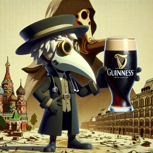 Plague doctor in the world of Fallout, standing against the back...