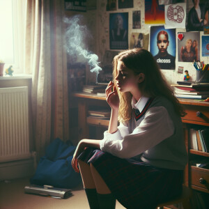 Schoolgirl smoking a cigarette in her room.